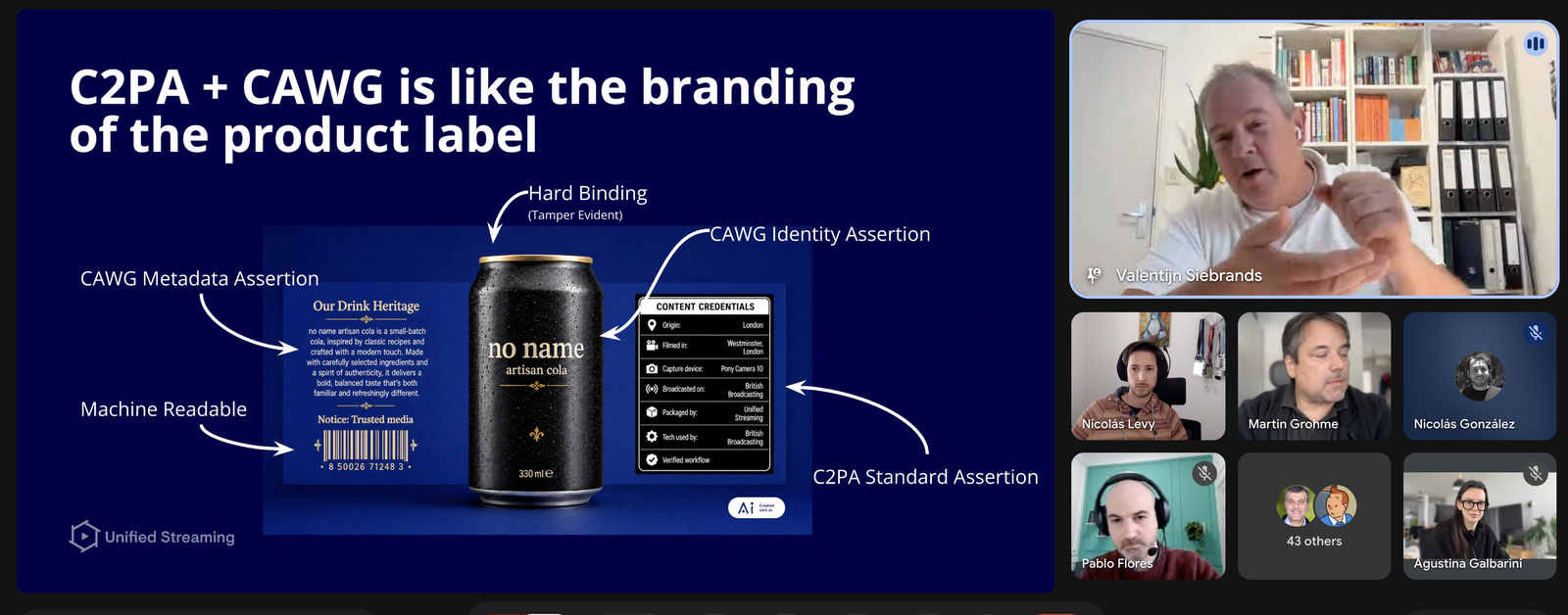 Slide comparing C2PA and CAWG assertions to the nutrition label on a cola can, with hard binding, identity assertion and machine readable barcode labelled