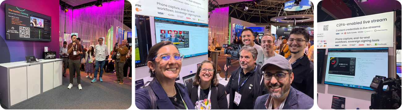 The EBU booth at IBC2026 running the end-to-end C2PA chain with Sony cameras, Unified Streaming packaging, and the Qualabs open-source player and validator