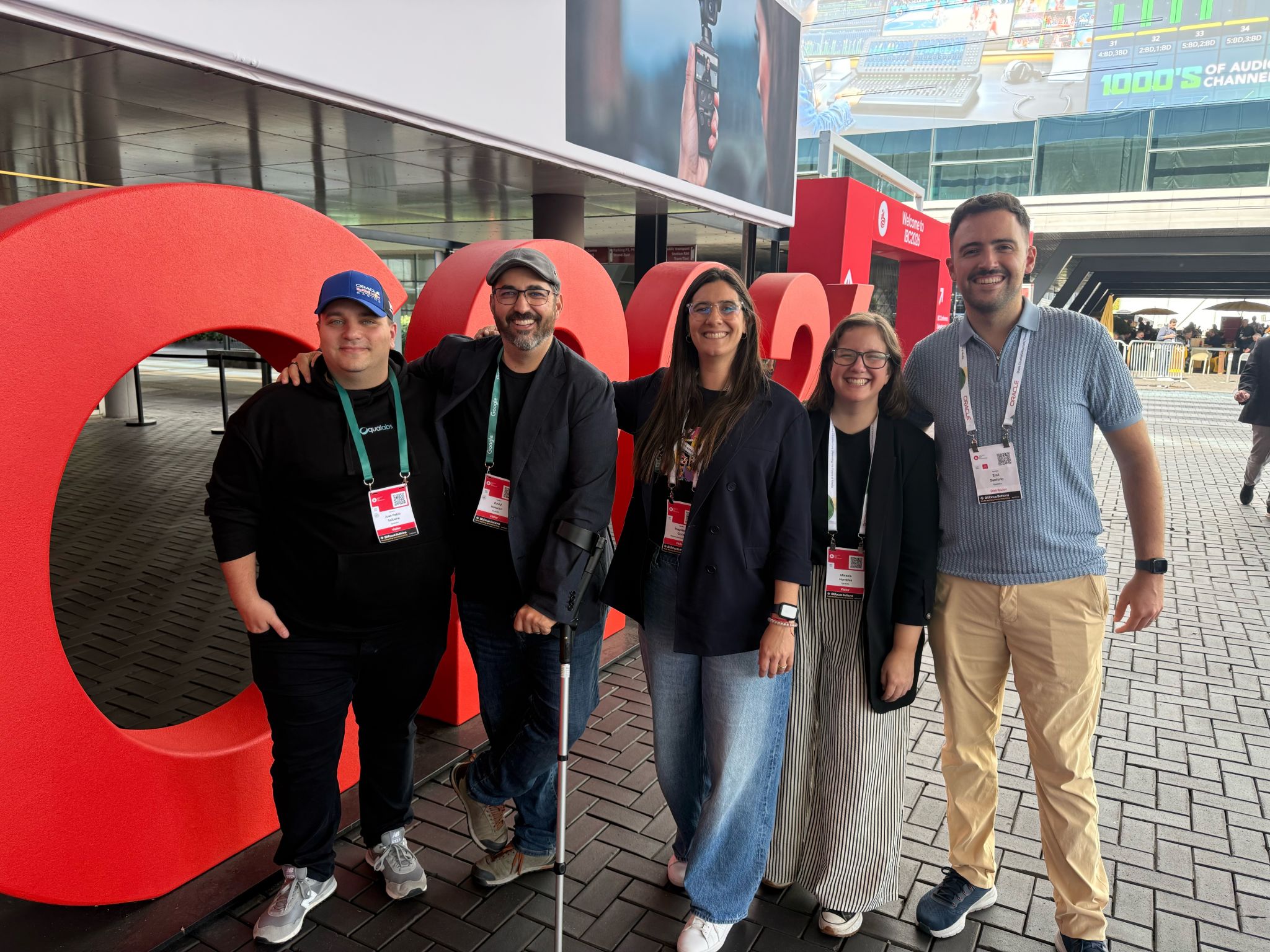 The Qualabs team at IBC2026 in Amsterdam: JP, Mica, David, Maggie and Emil
